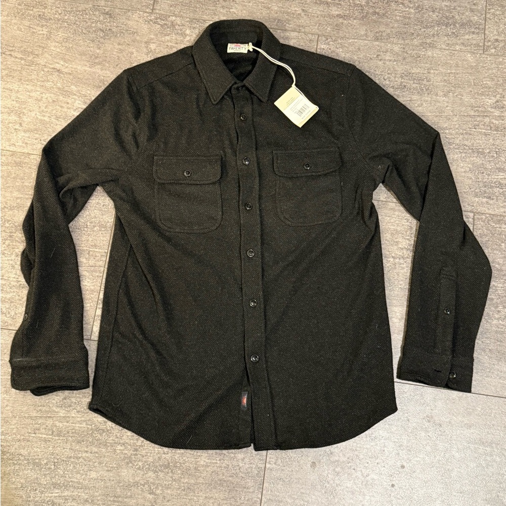 Faherty Men's Legend Sweater Shirt Black Button-Up Heathered Twill